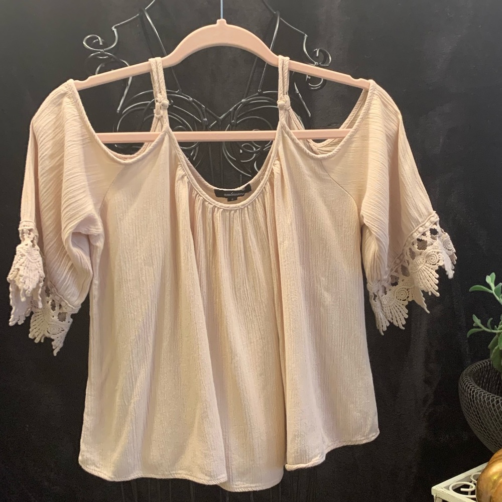 Ambiance Crop Top Spaghetti Strap Cold Shoulder Crochet Sleeve Trim Gauzy Boho
